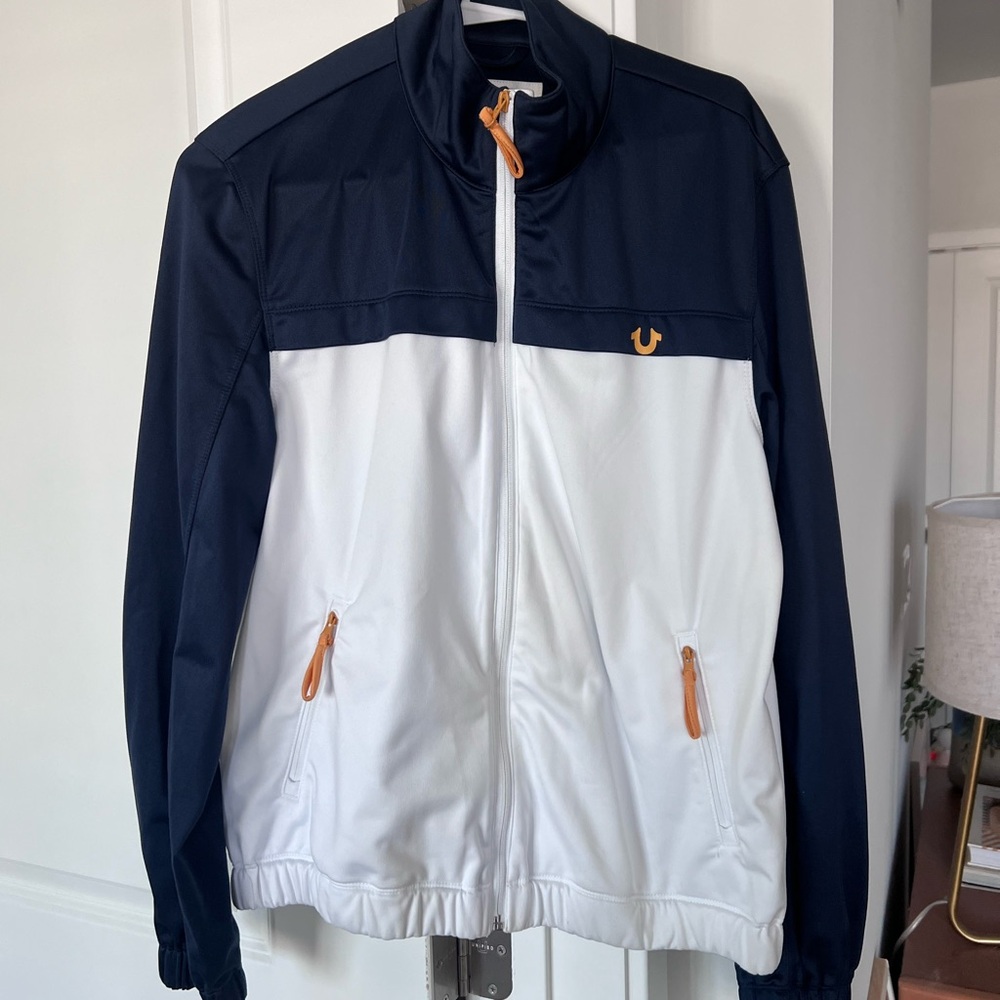 True Religion Men's Navy and White track zip up